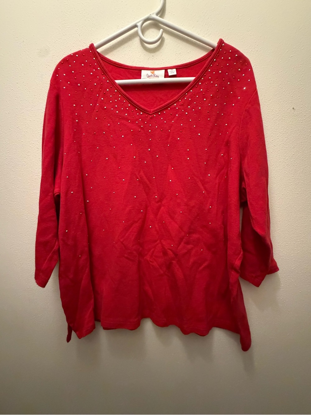 Quacker Factory Red V-Neck Rhinestone Accent Tunic